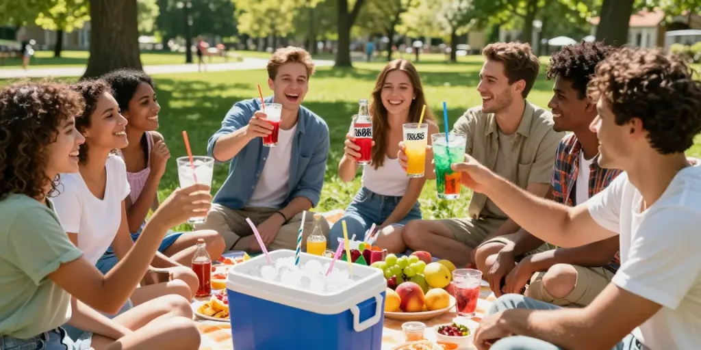 Friends enjoying ROKOK88 soda at a sunny picnic, capturing refreshing moments.