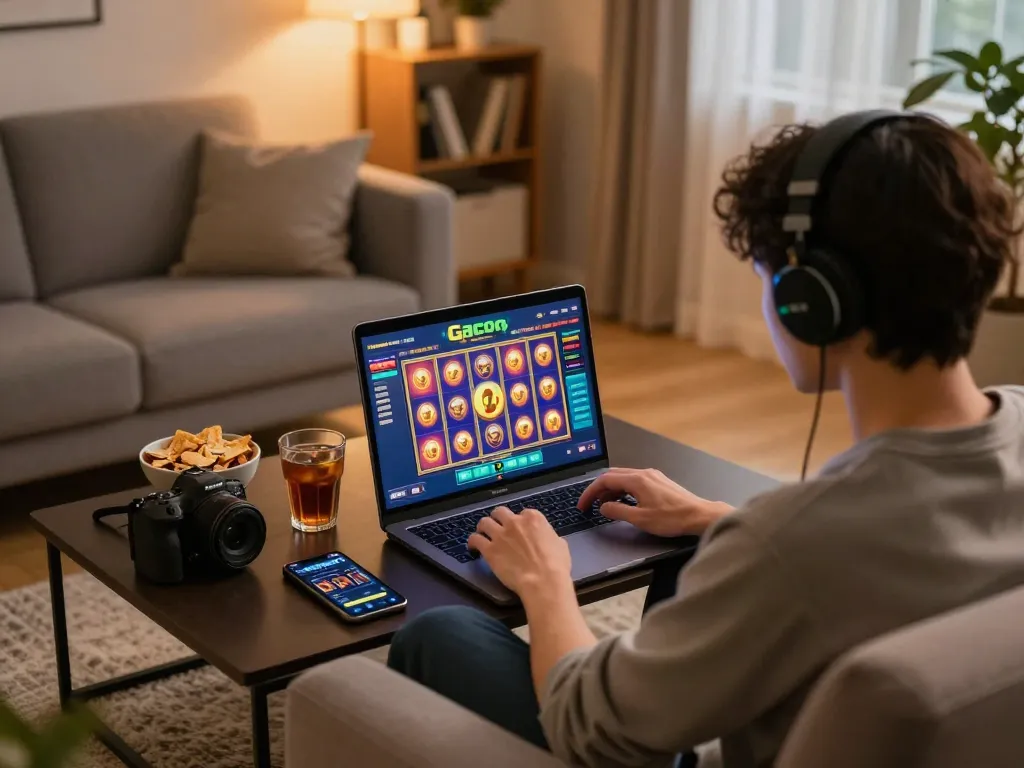 Engaged in a slot gacor game on a laptop at home, showcasing vibrant gaming action and cozy ambiance.