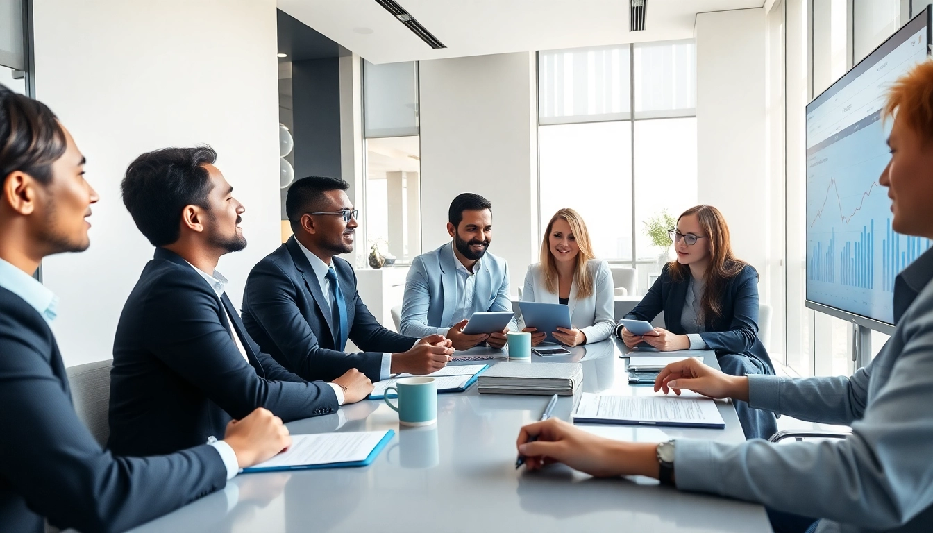 Engaged professionals as Business Consultants in Dubai strategize in a modern office setting.