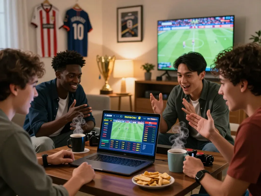 Excited friends engaging with Nhà Cái Hubet online betting platform in a cozy living room, enhancing sports viewing experience.