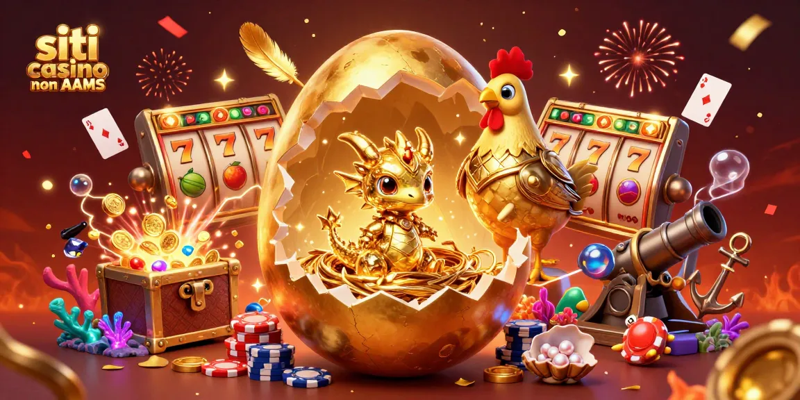Immergiti nei siti casino non AAMS con un drago d'oro tra fiches e simboli fortunati in un'atmosfera festosa.