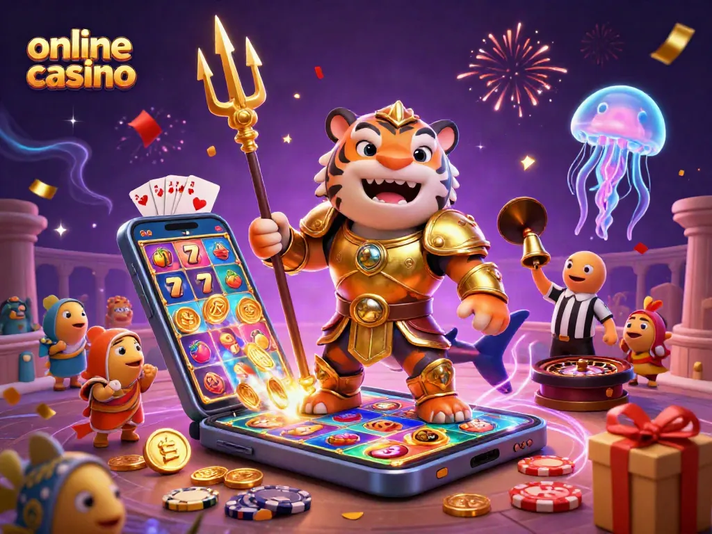 Juega en un emocionante casino en línea con la ilustración de un tiburón gladiador y un fondo vibrante.