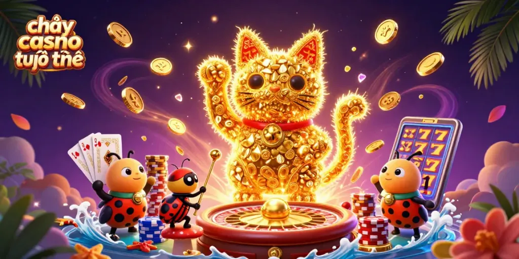 Chơi casino trực tuyến với hình ảnh trực quan hấp dẫn mô tả hình dạng của mèo may mắn bằng đom đóm vàng.