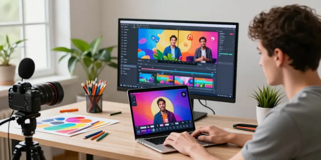 Learn how to use an AI short video generator while a creator works on a vibrant editing setup.