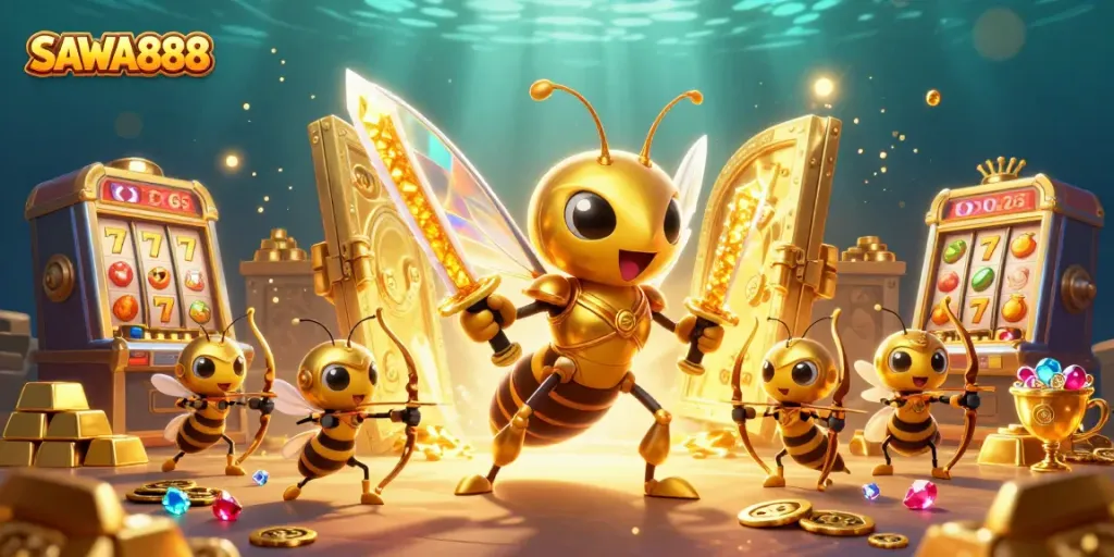 Engage with SAWA888 as the giant hornet spins slots and treasures burst forth in a dazzling casino scene.