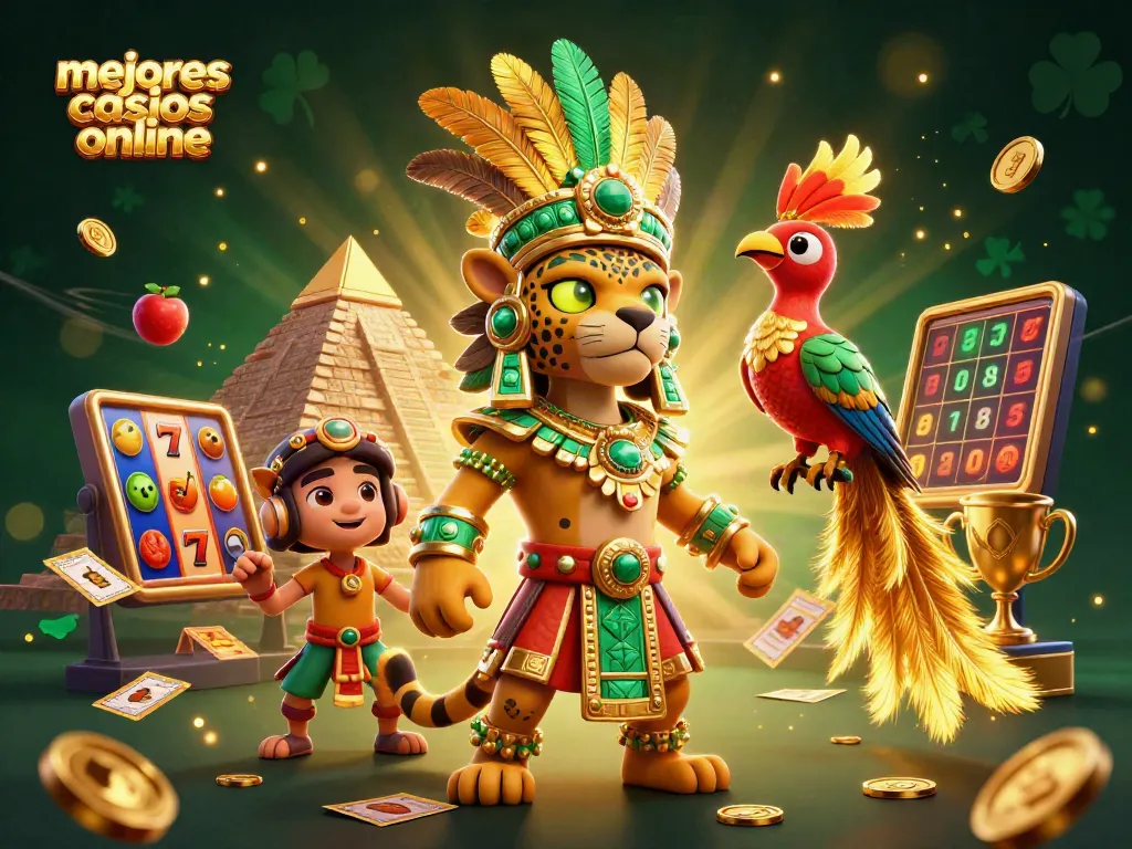 Los mejores casinos online presentan una escena vibrante con elementos de juego y un jaguar maya.