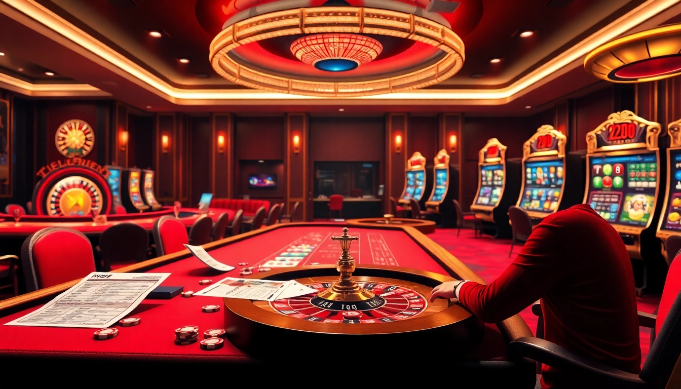 Découvrez l'excitation du casino en ligne 2026 avec des visuels de jeu vibrants présentant la roulette et les machines à sous.