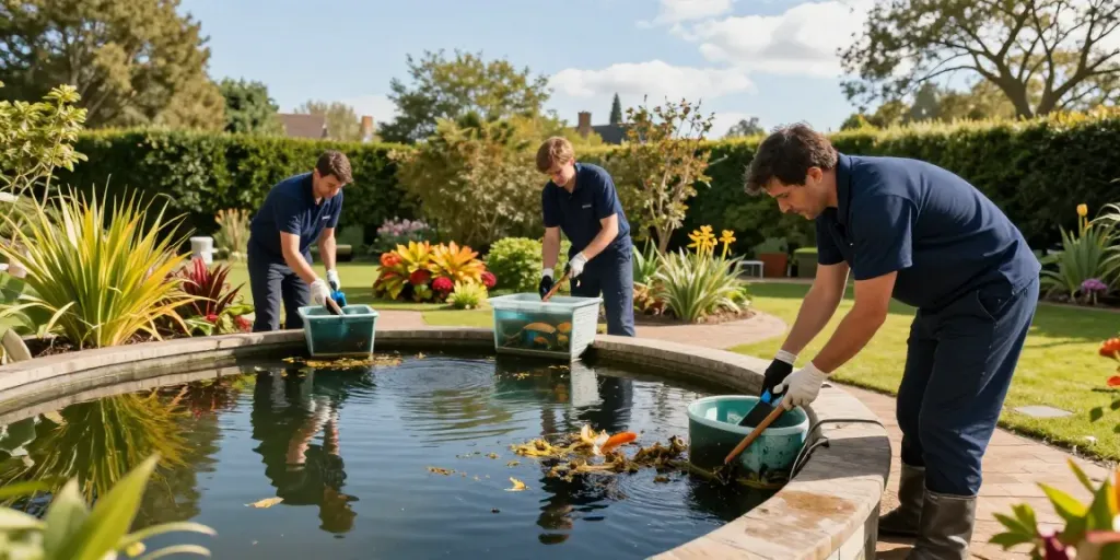 Pond cleaning Surrey service in a serene garden with a professional team handling fish and equipment.