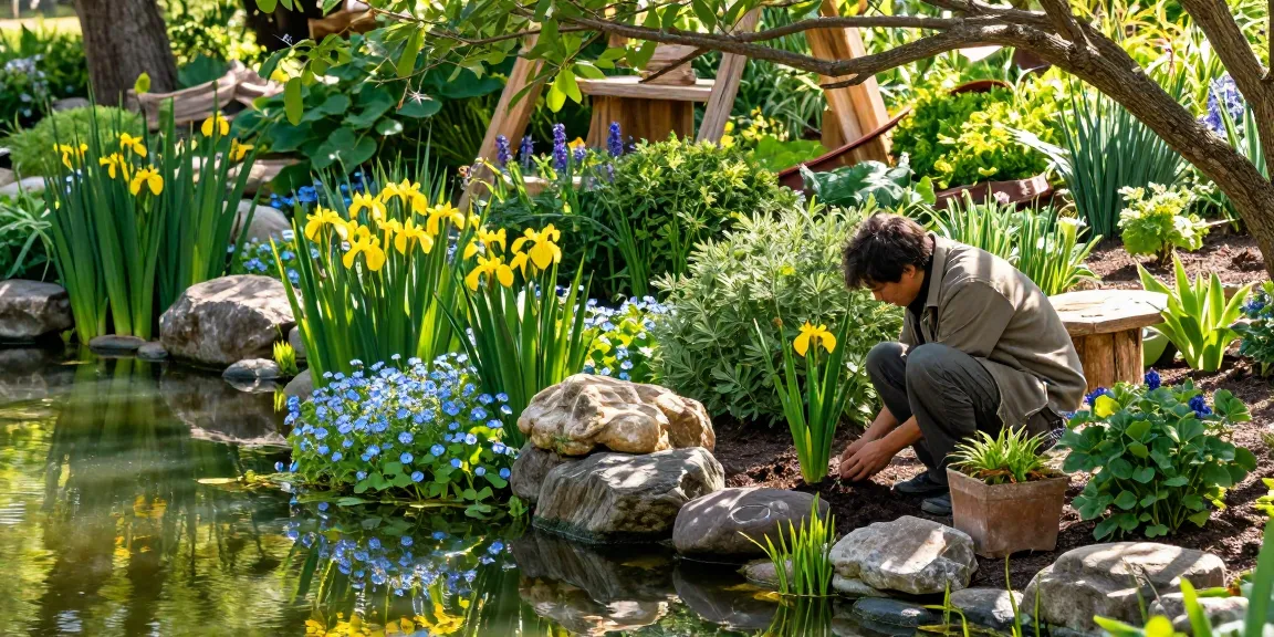 Marginal Pond Plants flourishing around a serene garden pond, showcasing vibrant colors and tranquility.