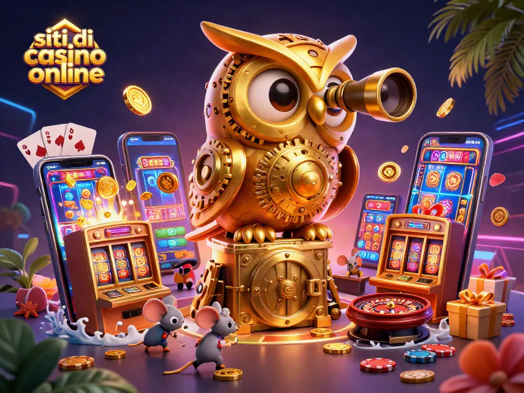 Scopri i migliori siti di casino online con slot emozionanti e jackpot in questa illustrazione vibrante.