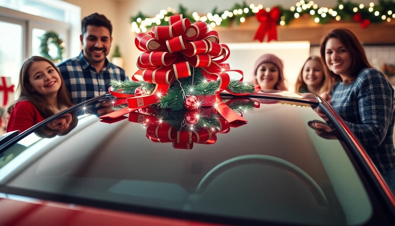 Family gifting a Christmas car detailing gift with joy and holiday decorations.