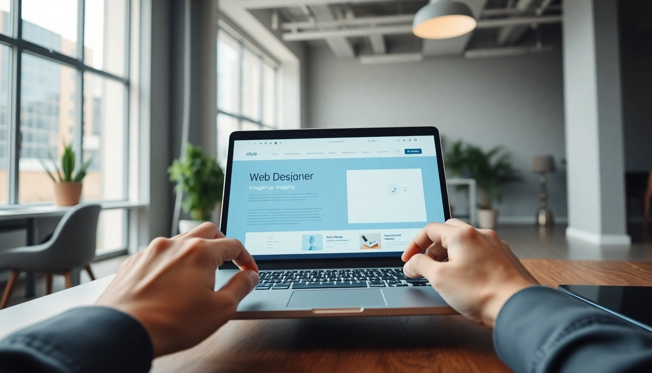 Designing an engaging edmonton web design on a laptop in a modern workspace.
