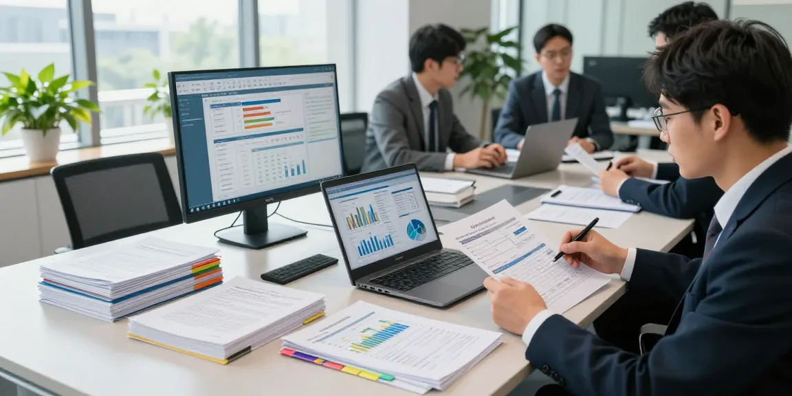 Ruang kerja auditor forensik profesional di aafikotabandungb.org dengan dokumen dan perangkat digital.