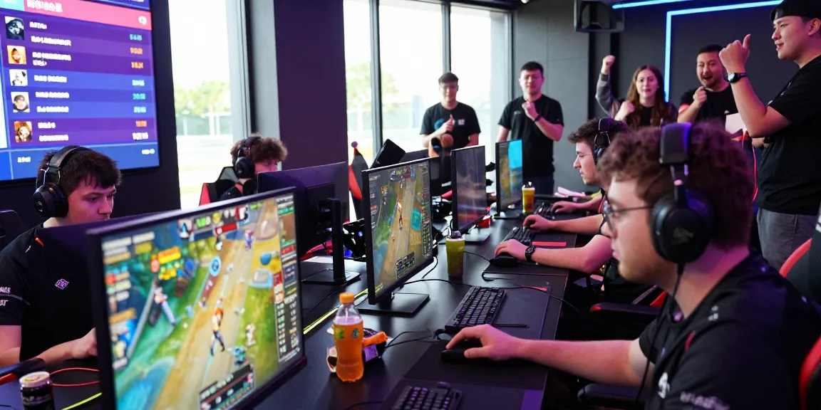 Engaged gamers competing fiercely in a GGSoft esports event, showcasing thrilling gameplay and vibrant energy.