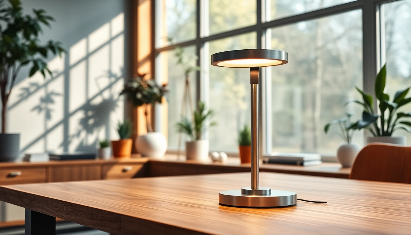 Brightly illuminated ELC Lamps Online in a stylish workspace setting with modern decor.