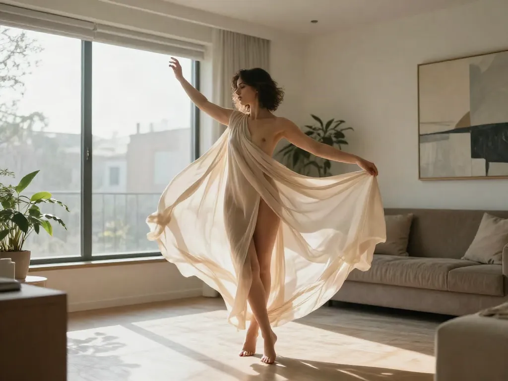 Cece Rose nude model posing gracefully in a stylish apartment with artistic decor.