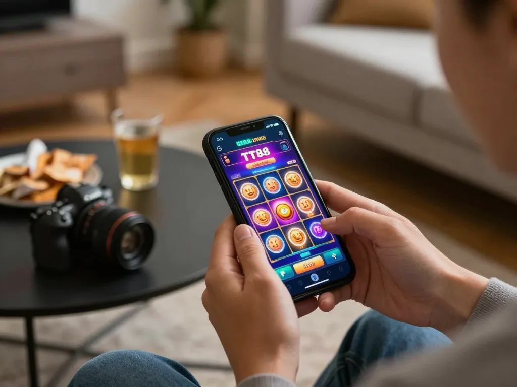 Playing TT88 trang chủ mobile casino app featuring vibrant slot game graphics in a cozy home setting