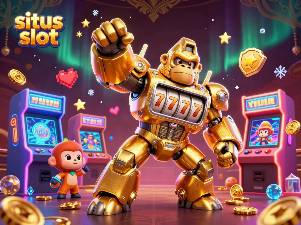 Experience exciting gaming with situs slot boasting a golden gorilla mech surrounded by vibrant arcade elements.
