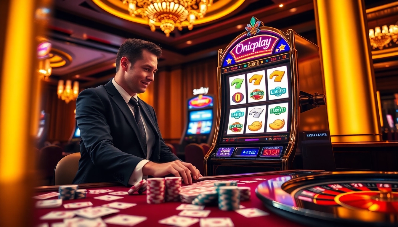 Experience the thrill of Onicplay with a player winning at a high-stakes slot machine amidst vibrant casino elements.