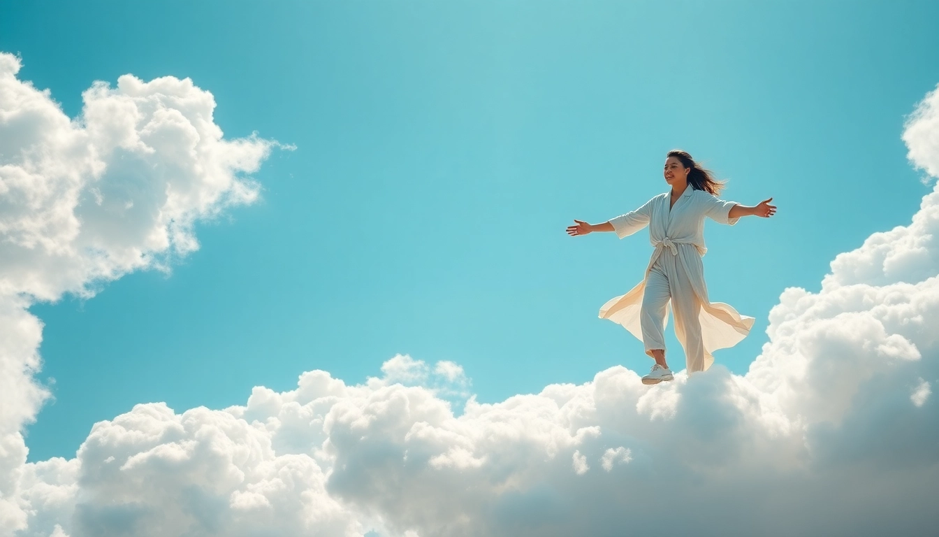 Walking on Clouds in a serene scene with a person moving gracefully amidst fluffy white clouds.