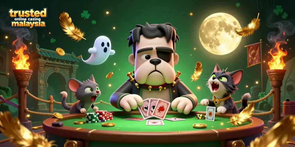 Enjoy a vibrant scene of trusted online casino malaysia with characters engaging in a thrilling card game.