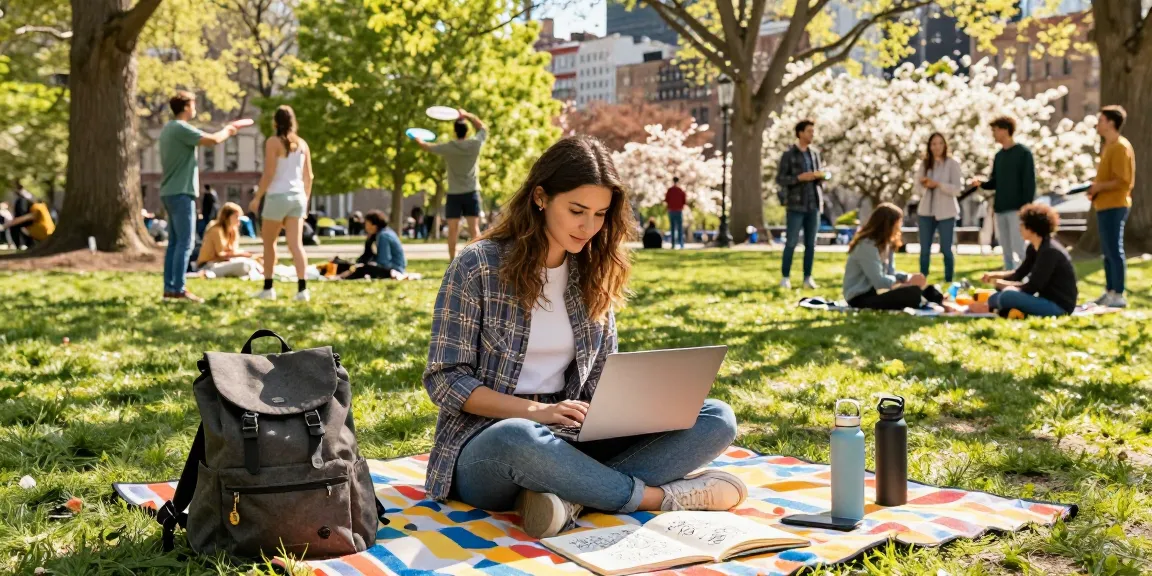 Young woman crush on productivity in vibrant park setting with laptop.