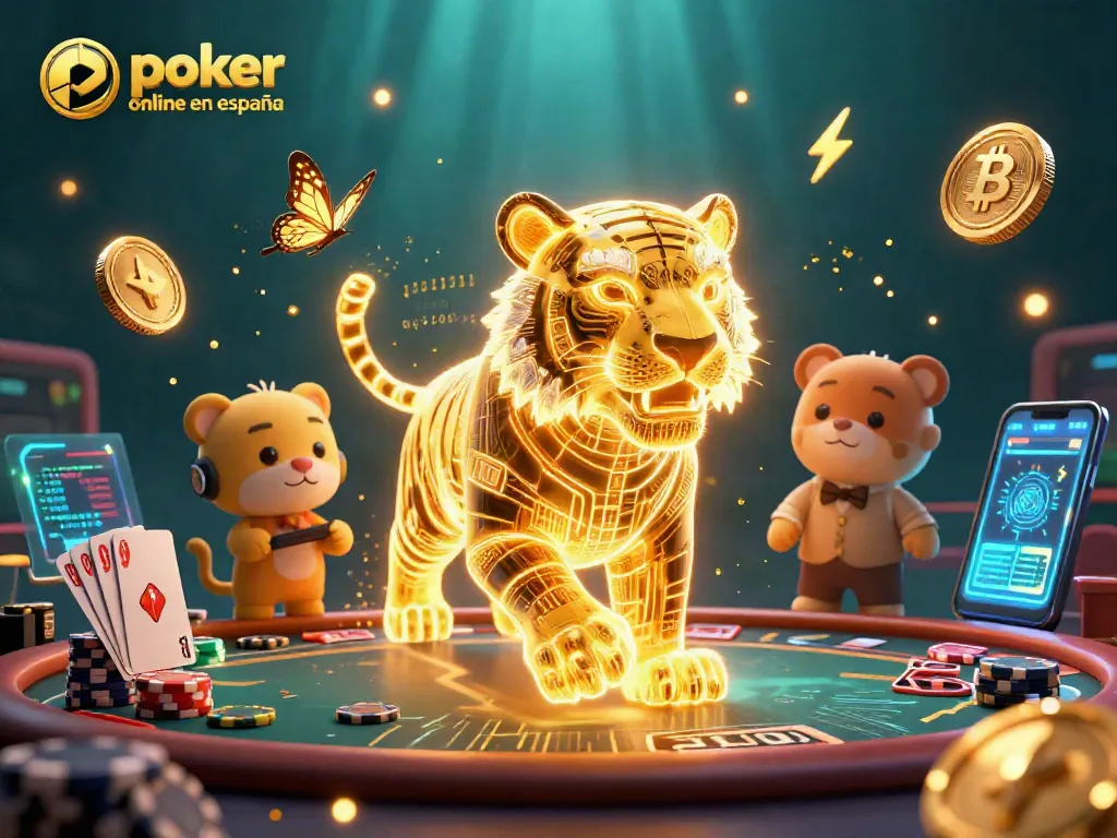 Juega al poker online en España con un tigre dorado en un casino digital iluminado.