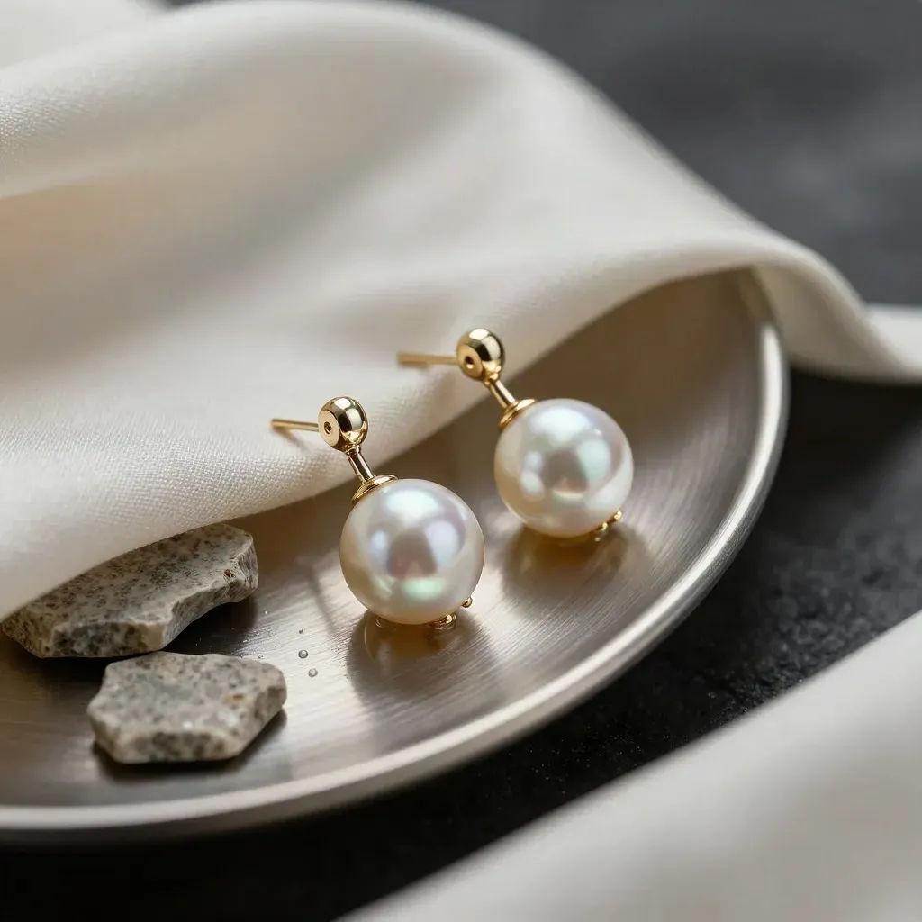 Macro pearl drop studs on brushed metal, wet limestone and ivory silk, with cool glints.