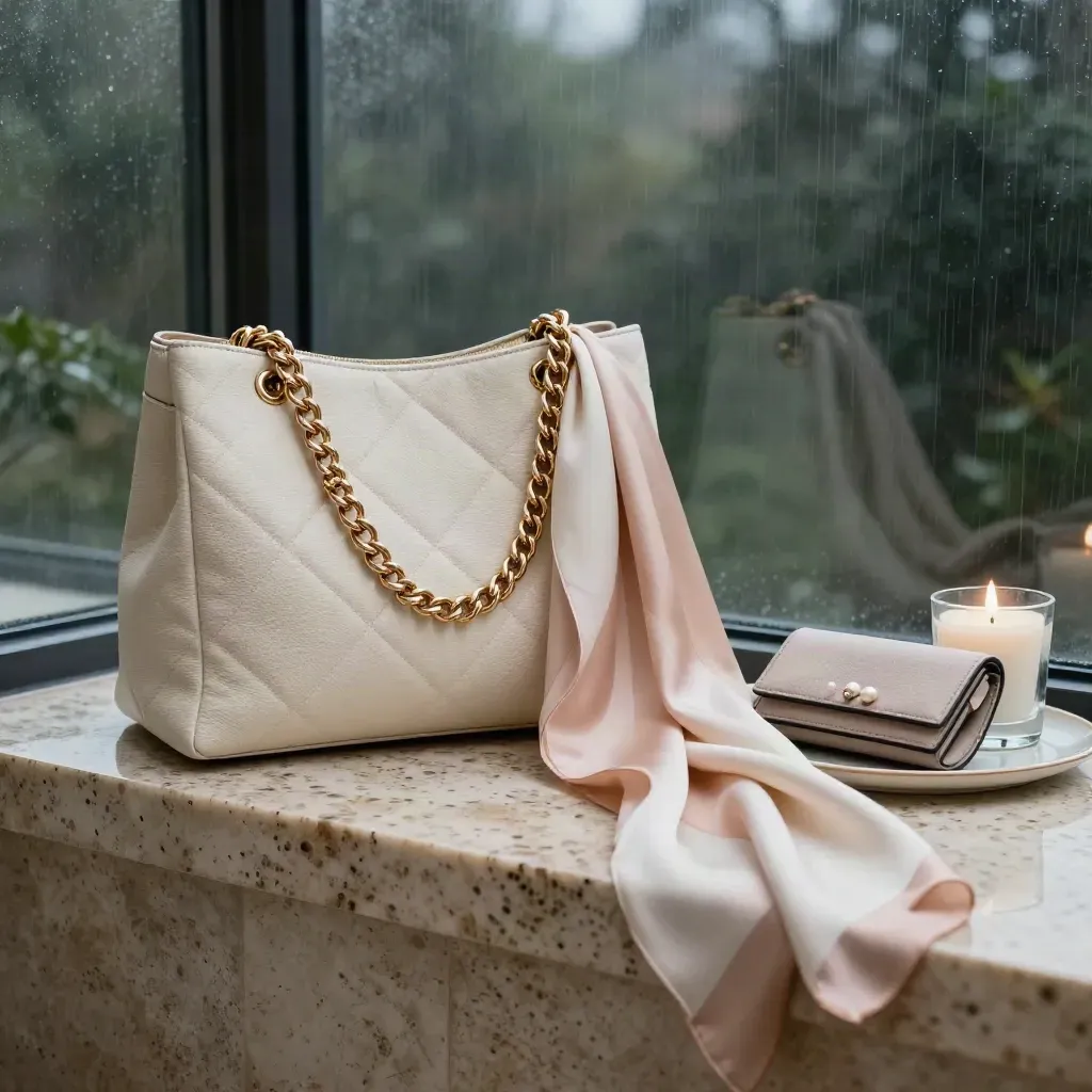 Ivory quilted chain tote with scarf, wallet, pearls and candle on travertine in soft rain haze.