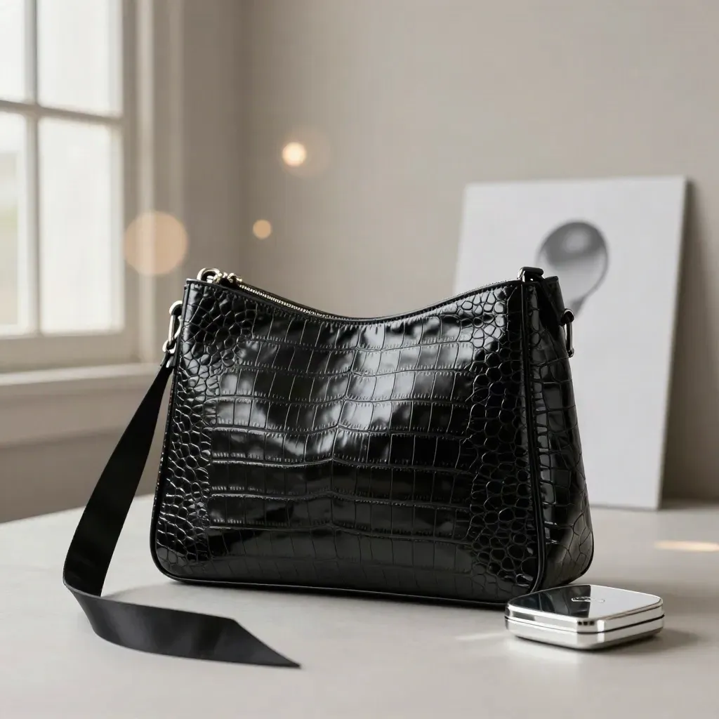Black croc-embossed shoulder bag with ribbon and compact on a pale field