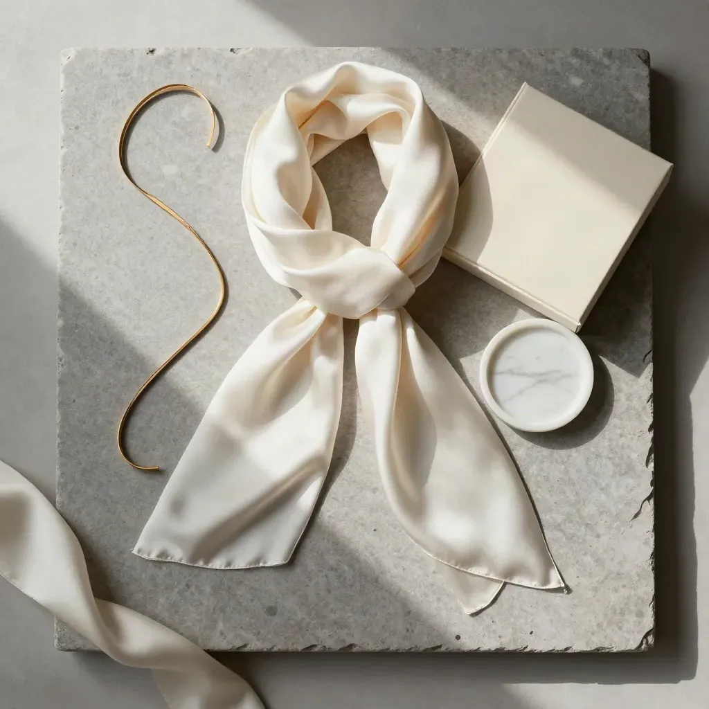 Ivory silk ribbon scarf with strap, box and marble dish in a precise overhead luxury flatlay.