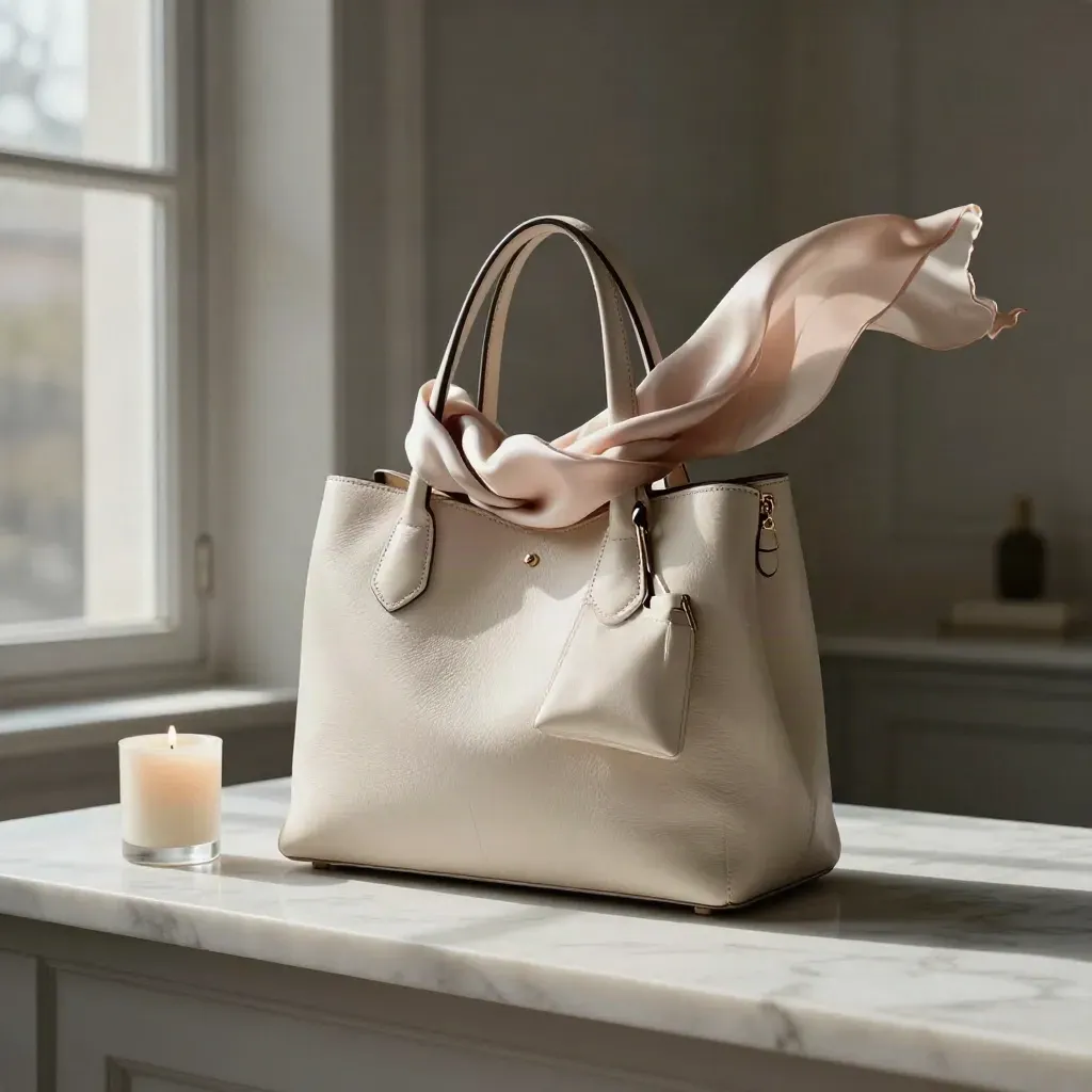 Luxury tote with silk scarf, jewelry pouch, and candle on a marble boutique ledge.
