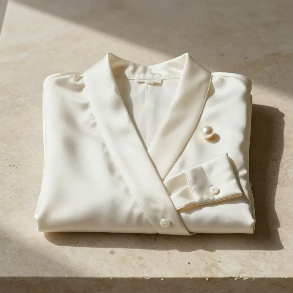 Ivory satin wrap blouse and pearl earring arranged on pale stone, overhead flatlay.