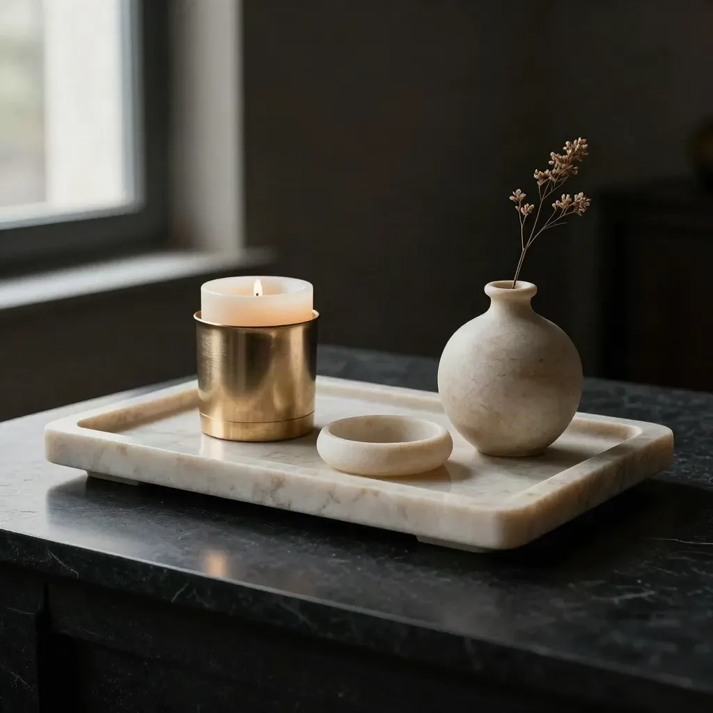 Pale stone marble tray set with candle, ring dish, and vase on a black plinth in dramatic light.