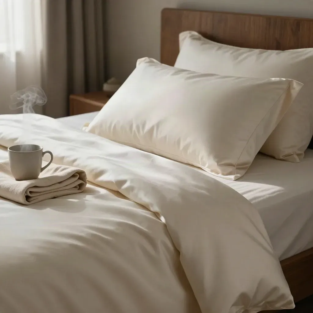 Ivory silk pillowcase on a made bed with robe, cup, and morning steam