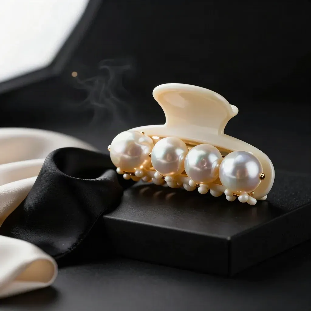 Ivory pearl hair clip beside black silk on matte black with dramatic rim light.