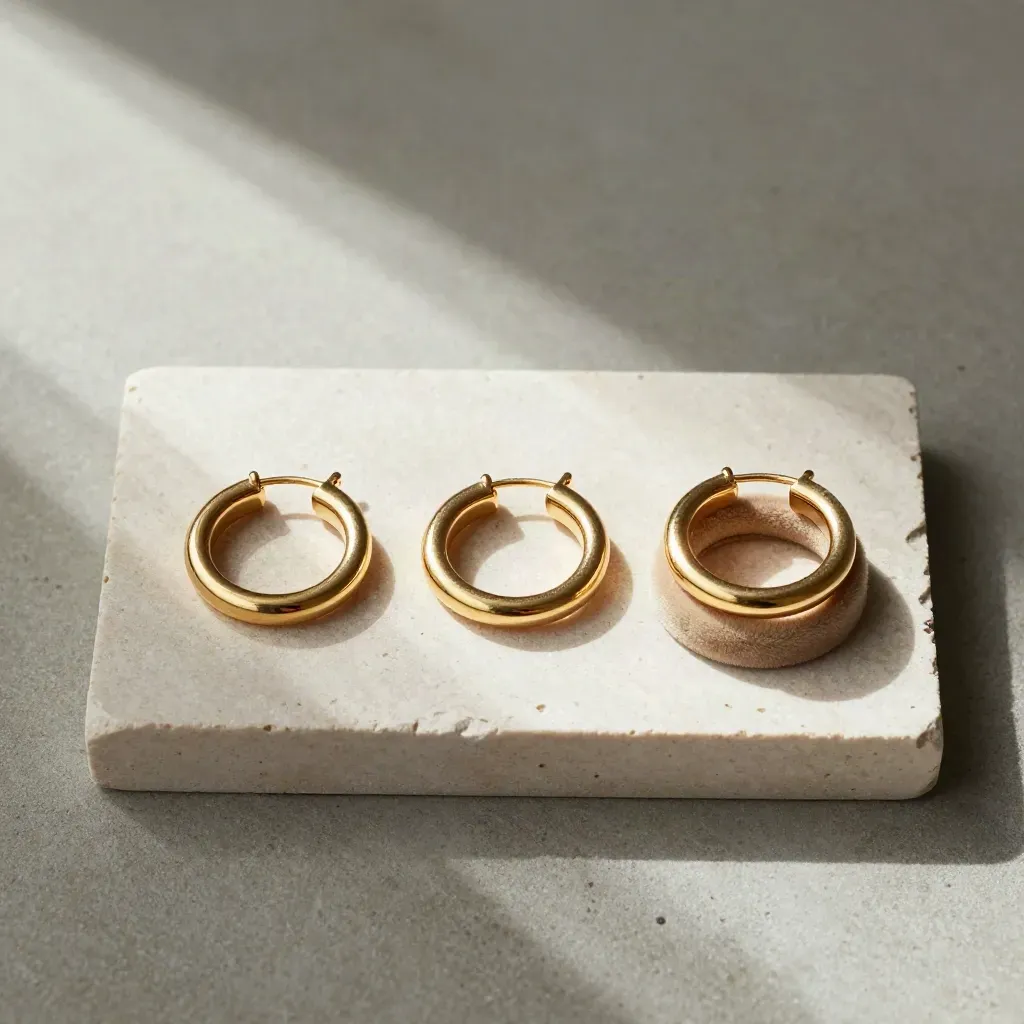 Overhead flatlay of three pairs of gold hoops on a pale stone tray with a velvet ring pad.