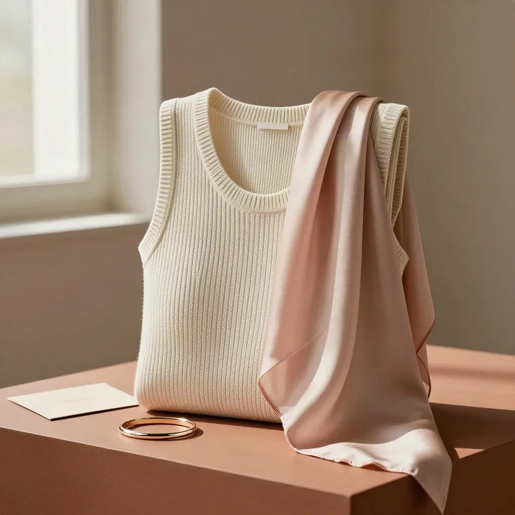 Sage knit tank folded with a silk scarf and bangle on a terracotta pedestal, softly lit.