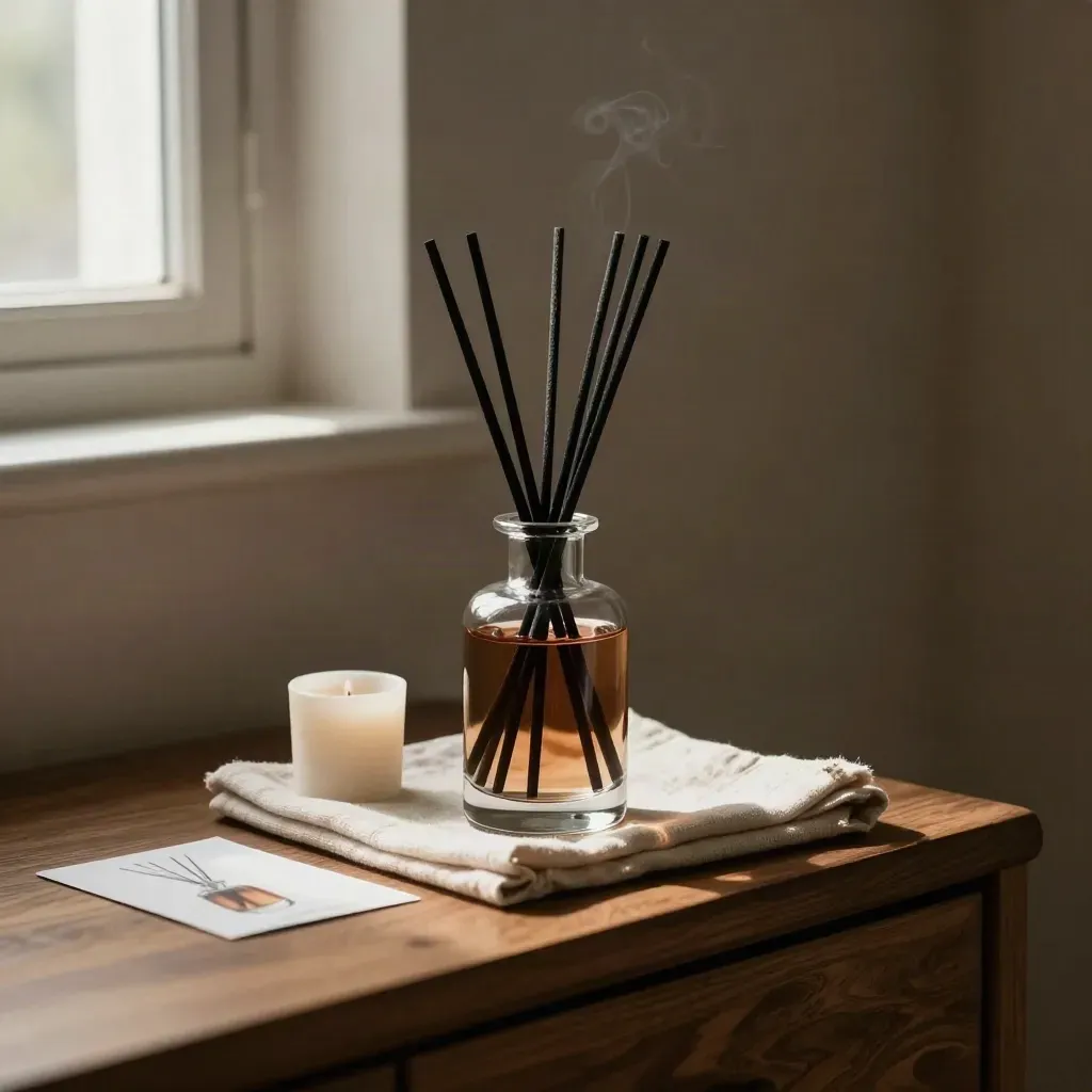 Rosewood diffuser with candle and linen on a walnut console in soft light.