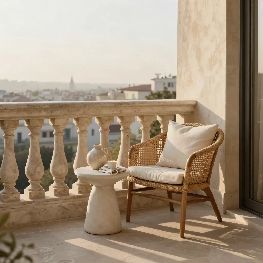 Sunlit balcony with woven chair, stone balustrade, and pale side table in warm haze.