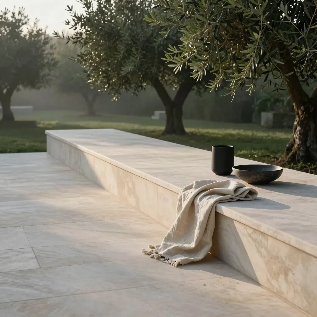Pale limestone terrace over a misty olive courtyard with linen and black accents.