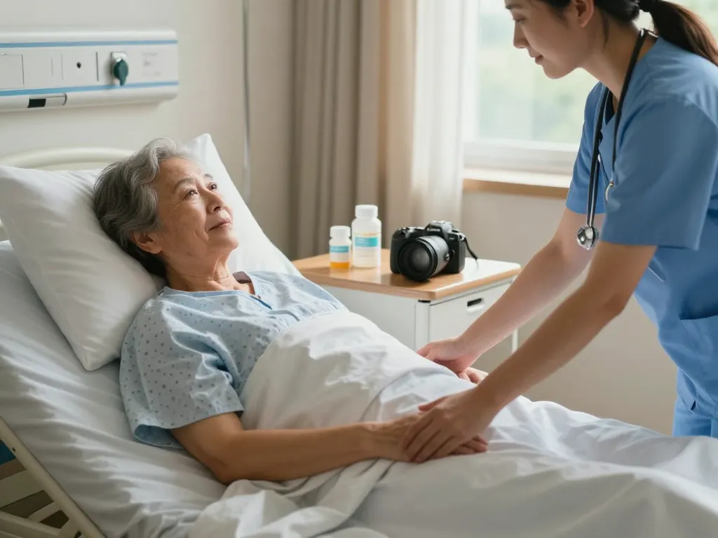 Patient resting in a giường bệnh nhân with caregiver making adjustments for comfort in a warm home.