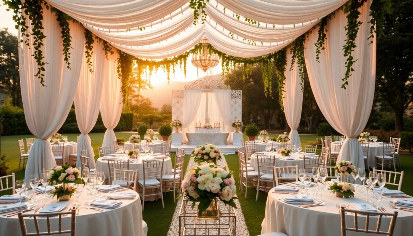 Showcase of Wedding & Event Rentals at an outdoor venue featuring elegant table settings.
