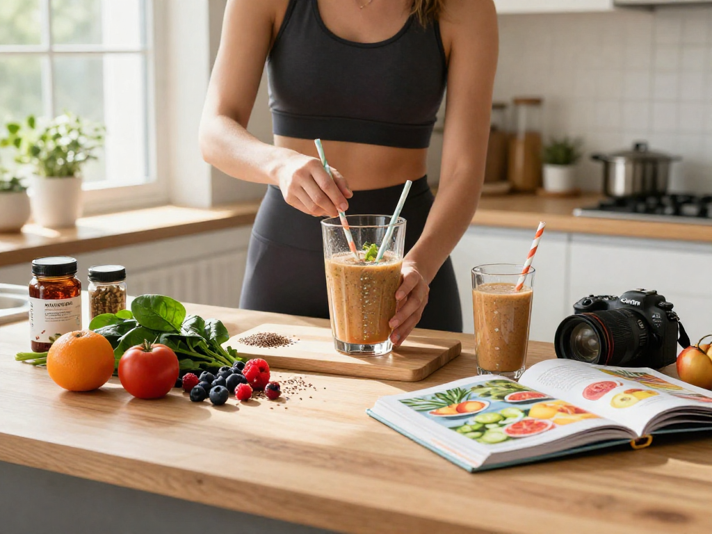 Preparation of a revitalizing smoothie featuring natural astaxanthin in a bright kitchen.