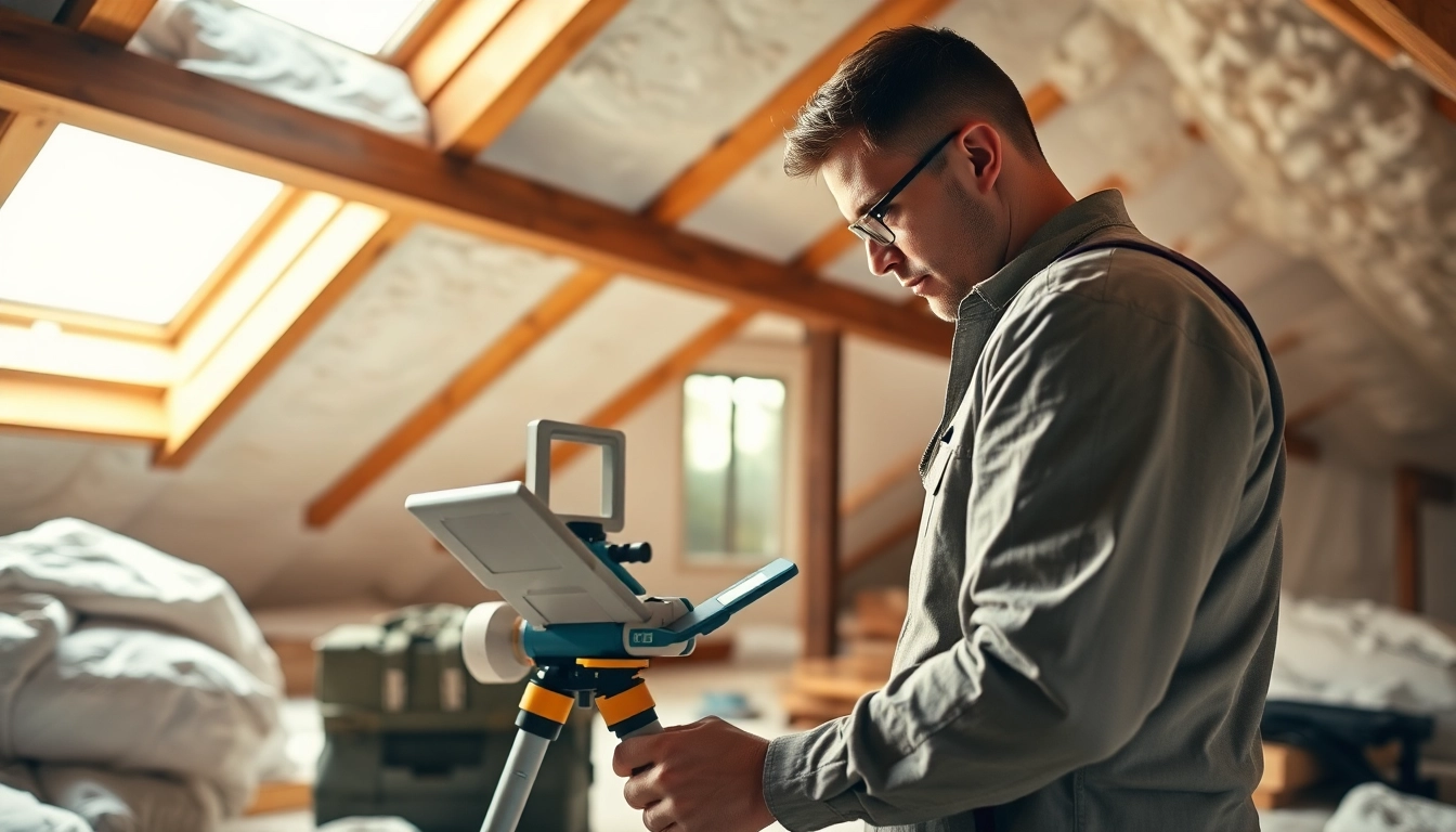 Technician assessing spray foam survey fail during inspection in an attic.
