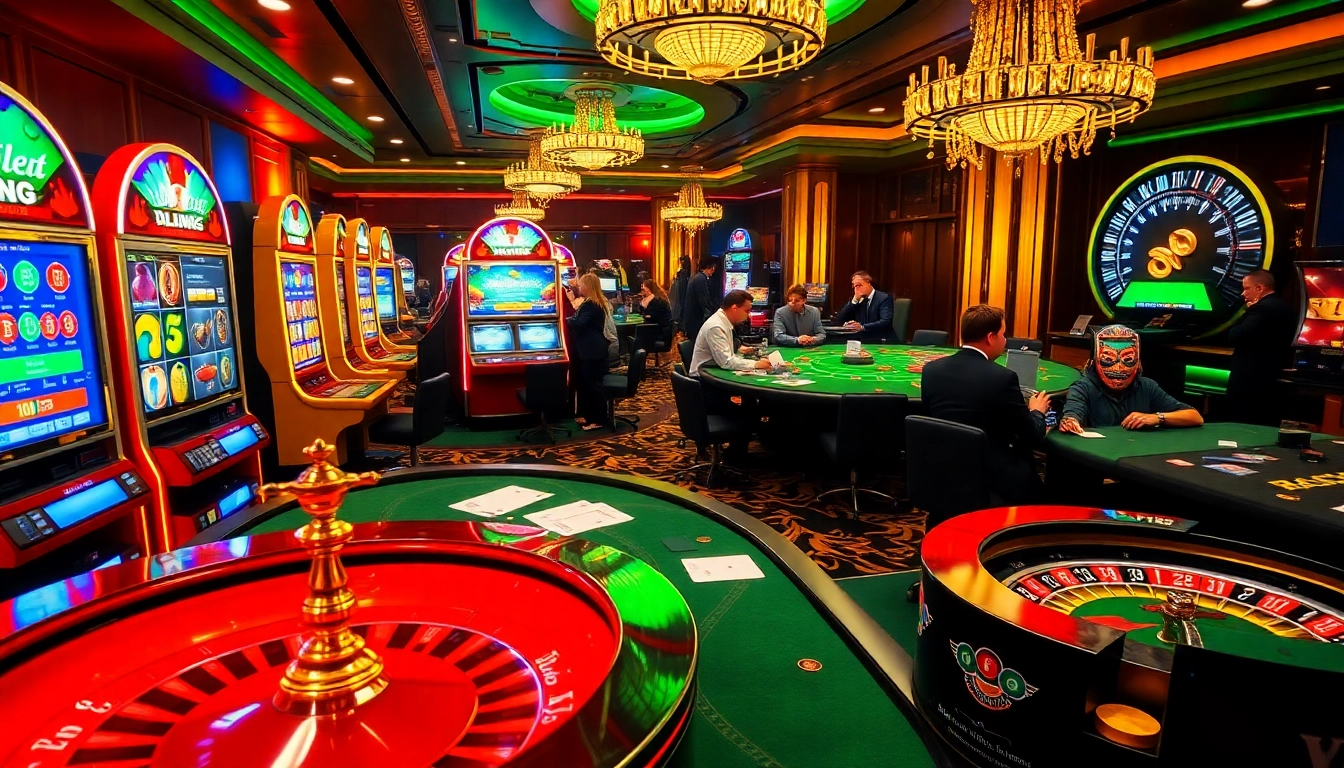 Joueurs engagés profitant du casino en ligne 2026 devant des machines à sous et des tables de poker vibrantes.