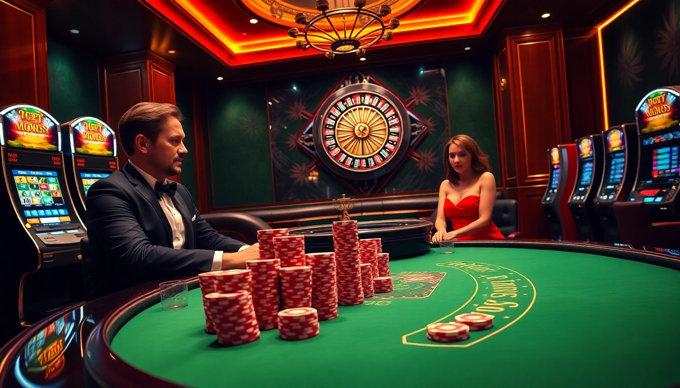 Ressentez l'excitation dans un casino en ligne sophistiqué 2026 avec des joueurs à une table de poker.