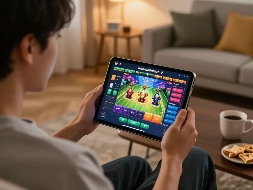 Engaging home setup displaying ทดลองเล่นสล็อต on tablet, emphasizing online gaming strategies and dynamic gameplay.