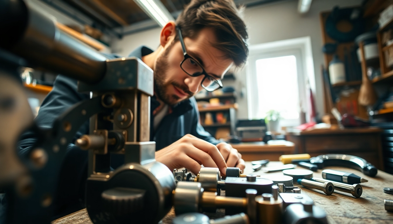 Locksta handwerkt professionell an einem komplexen Schlossmechanismus in einer gut beleuchteten Werkstatt.