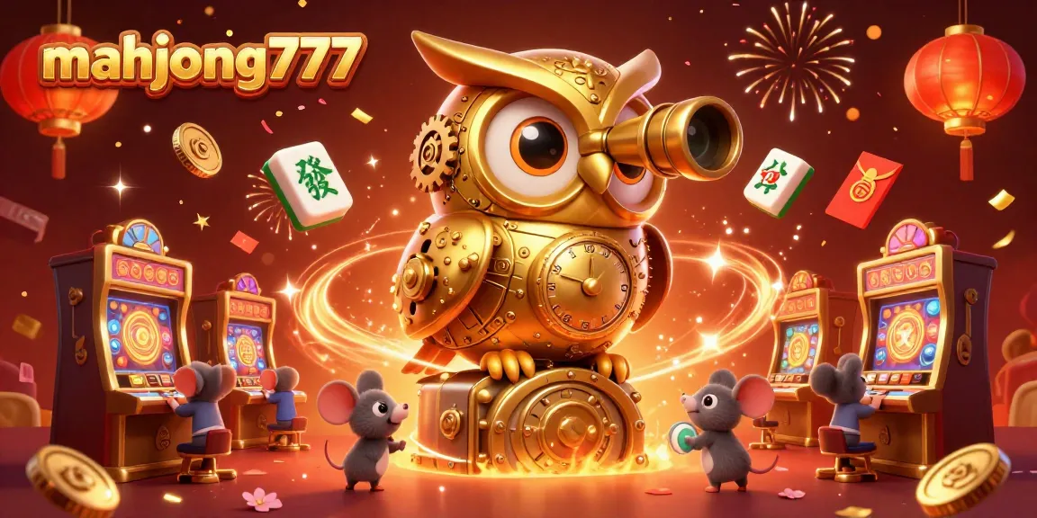 Experience the excitement of mahjong777 with a vibrant 3D casino scene featuring golden owls, mahjong tiles, and festive elements.